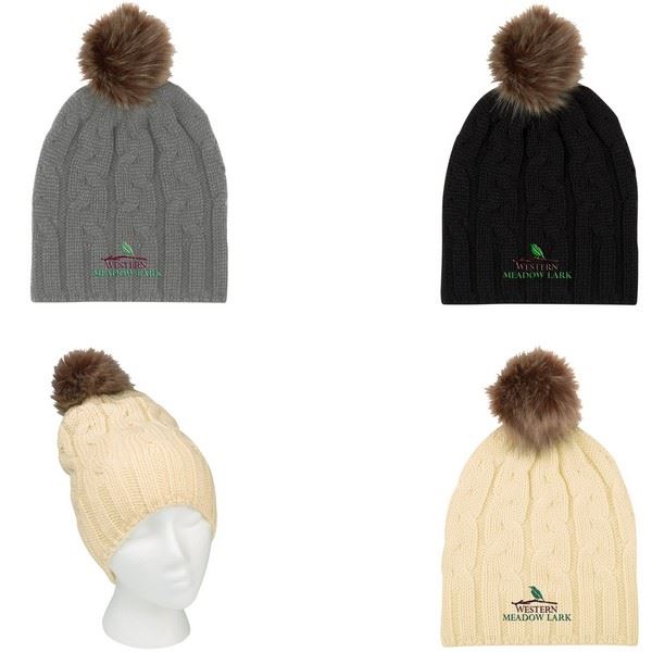 AH1106 Cameron Cable Knit Pom Beanie With Embroidered Custom Imprint